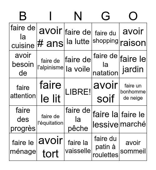 Les Expressions Idiomatique Bingo Card