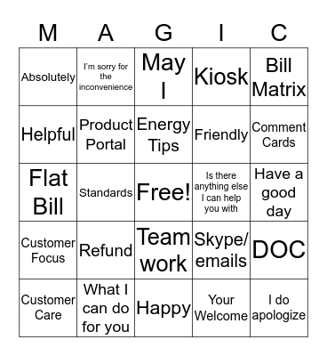 Customer Service Bingo Card