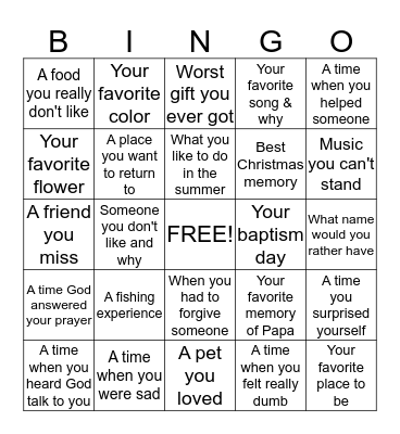 Story Telling Bingo Card