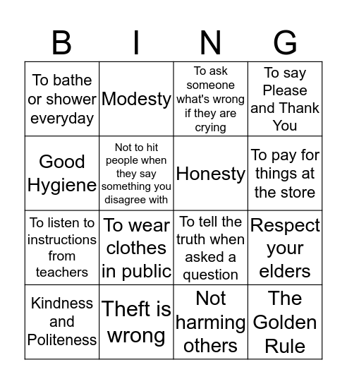 Elements of Culture Bingo Card