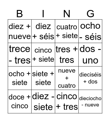 Los Números (más y menos) Bingo Card