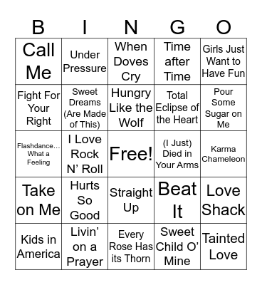 80s Music Bingo Card