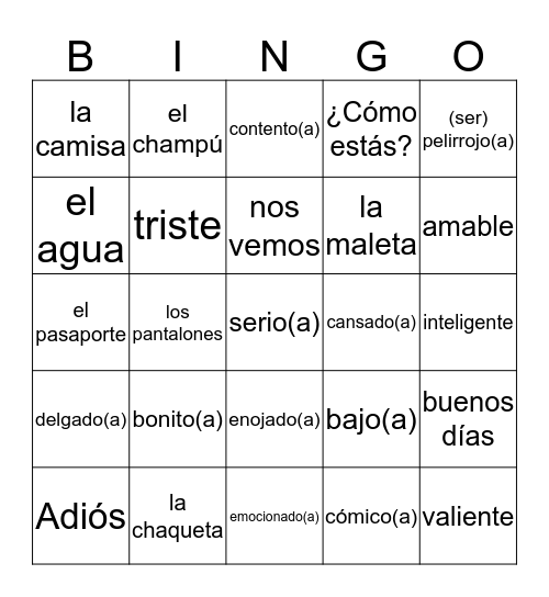 VOCABULARIO DEL LUNES Bingo Card