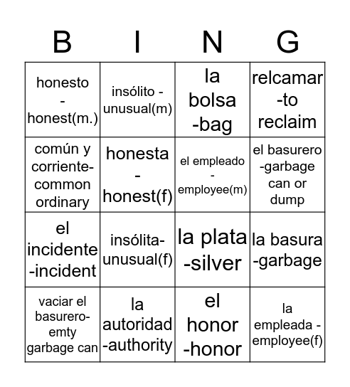 El incidente- Yoanna Guzman 2A Bingo Card