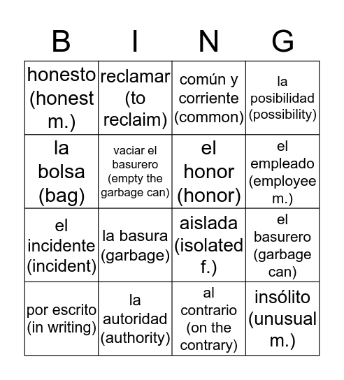 El Incidente: Galilea Gonzalez 2A Bingo Card