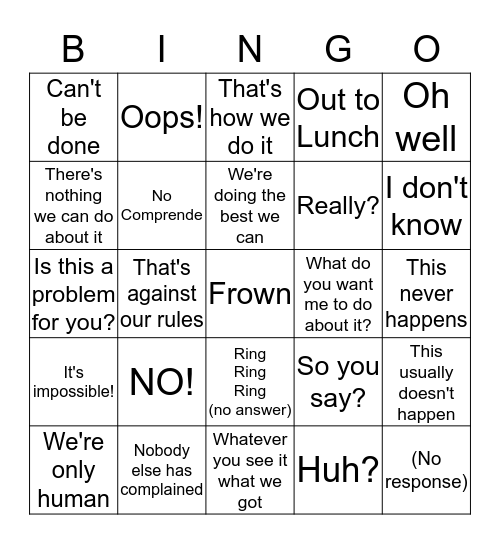 LINGO Bingo Card