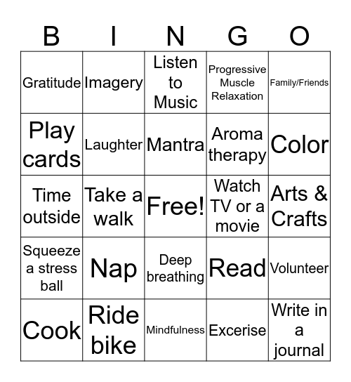 Coping Skills Bingo Card