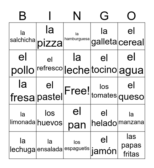 La Comida  Bingo Card