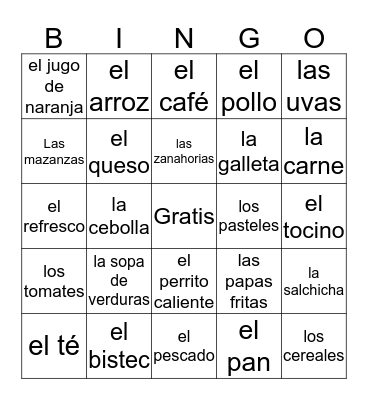 La comida Bingo Card