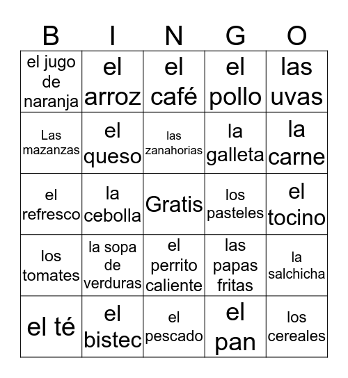 La comida Bingo Card