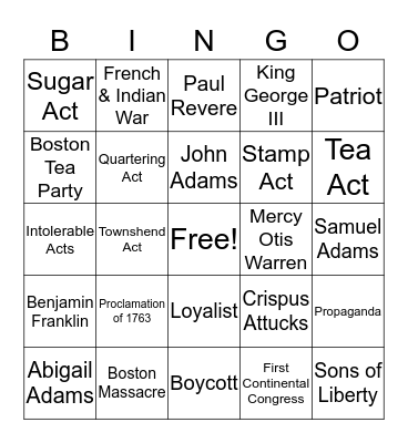 Road to the American Revolution - Howard Bingo Card