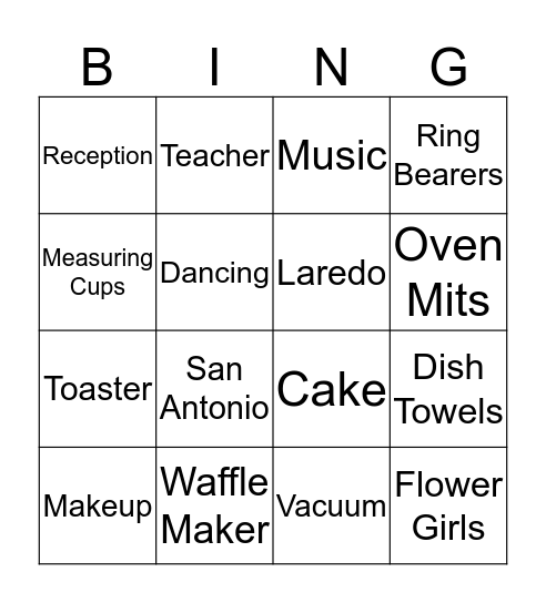 Bridal Bingo Card
