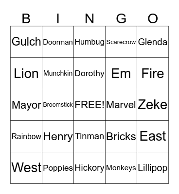 Wizard of OZ Bingo Card