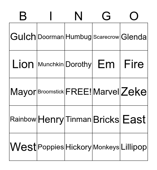Wizard of OZ Bingo Card