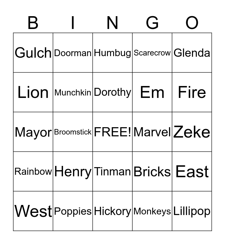 Wizard of OZ Bingo Card