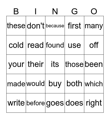 Sight Words Bingo Card