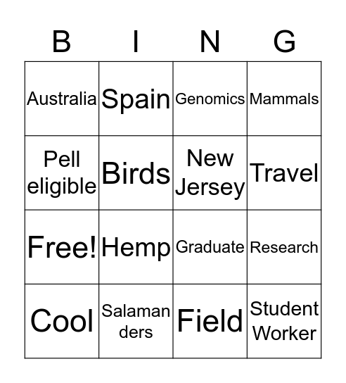 Natural Science Department Bingo Card