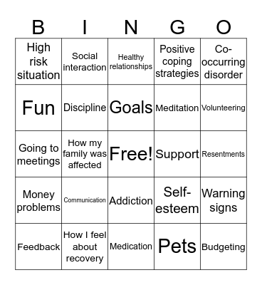 Recovery Bingo Card