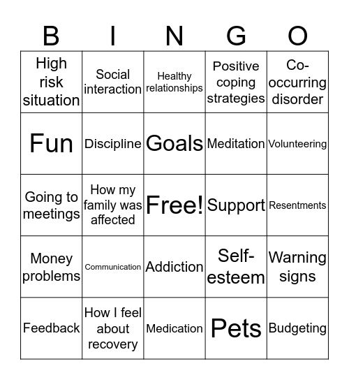 Recovery Bingo Card