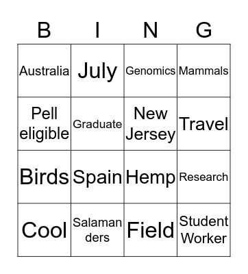 Natural Science Department Bingo Card