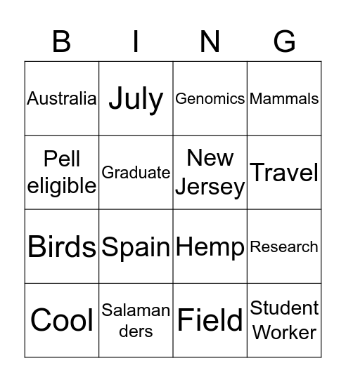 Natural Science Department Bingo Card