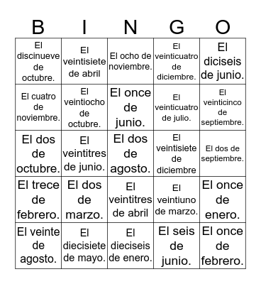 ¿Cuando es tu cumpleaños? Bingo Card