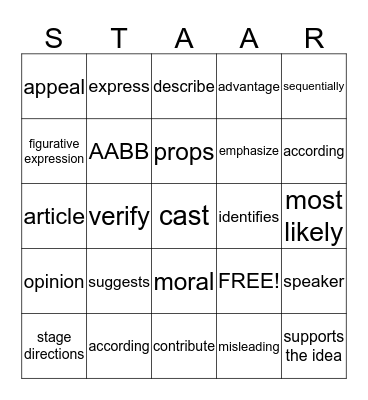 STAAR Reading Bingo Card