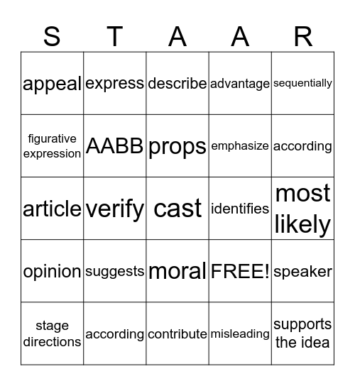 STAAR Reading Bingo Card