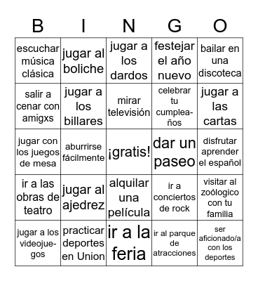 Diversiones Bingo Card