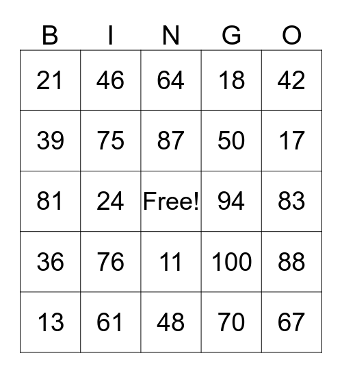 Number Bingo 0-100 Bingo Card