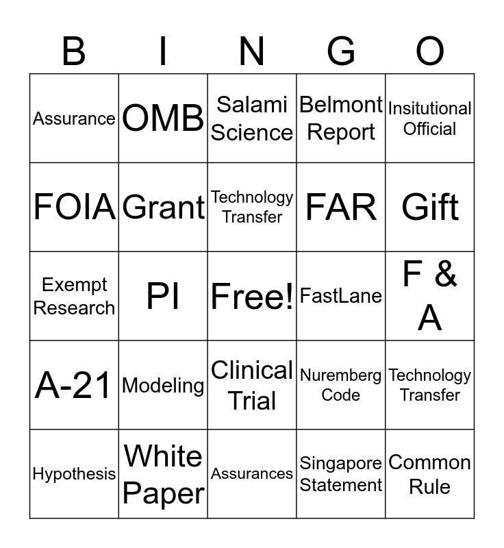 Research Administration Day Bingo Card