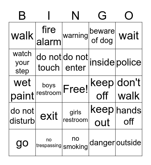 warning/safety words Bingo Card