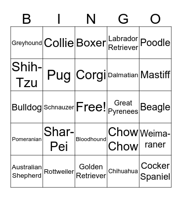 Dog Breed Bingo Card