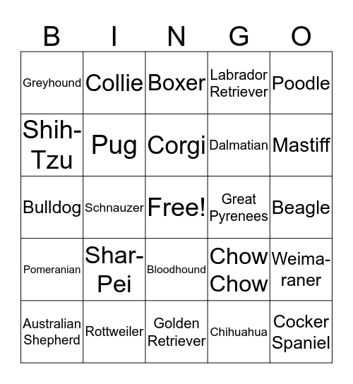 Dog Breed Bingo Card