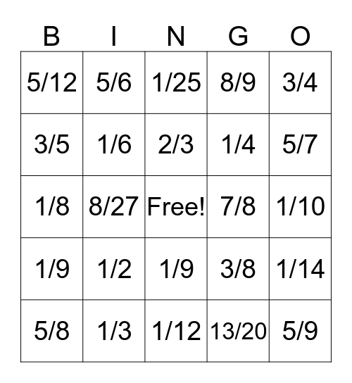 Fraction BINGO Card