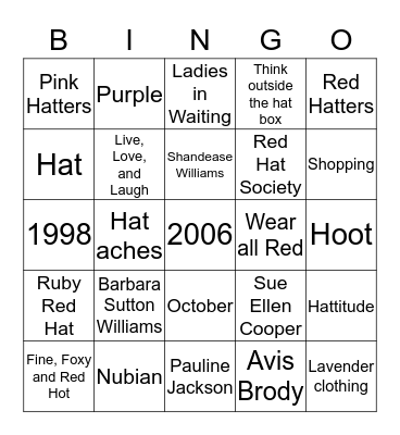 Red Hatters  Bingo Card