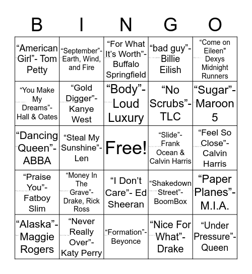 Musical Bingo Card