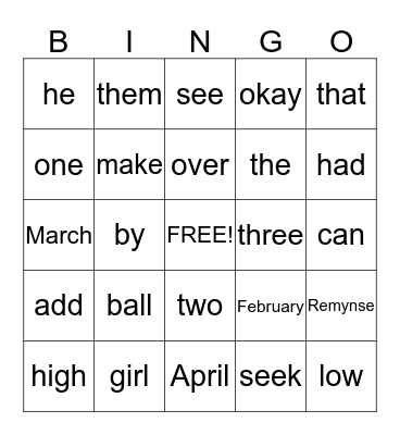 Spelling Bingo Card