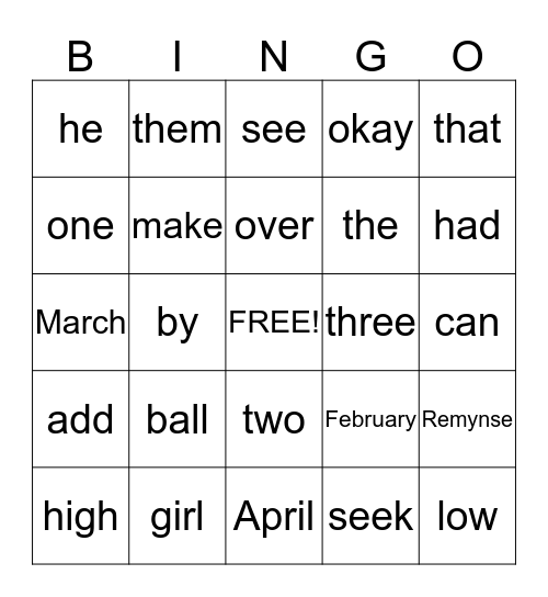 Spelling Bingo Card