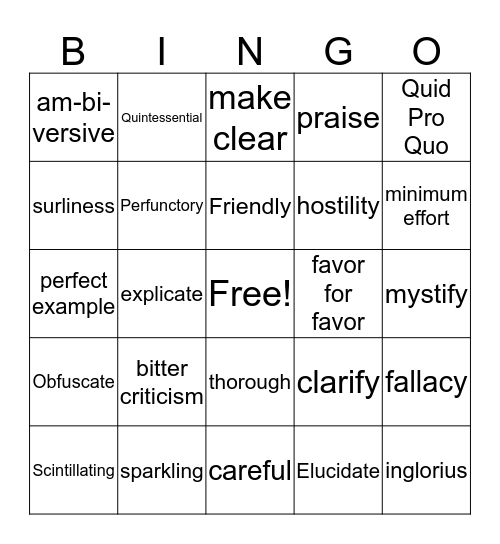 Word of the Day Bingo Card