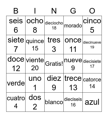 Numeros 1-20 Bingo Card