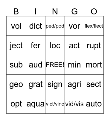 September-March Roots Bingo Card