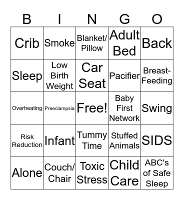 Infant Safe Sleep Bingo Card