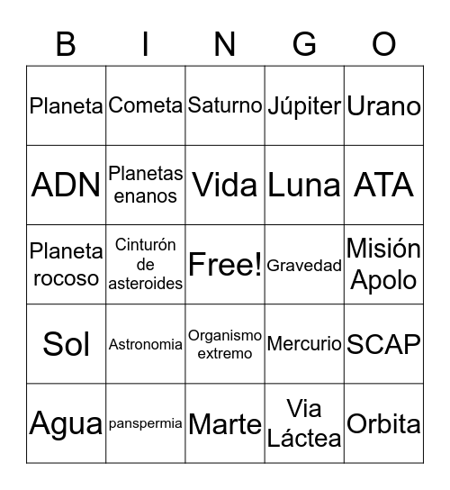 BINGO DEL ESPACIO Bingo Card