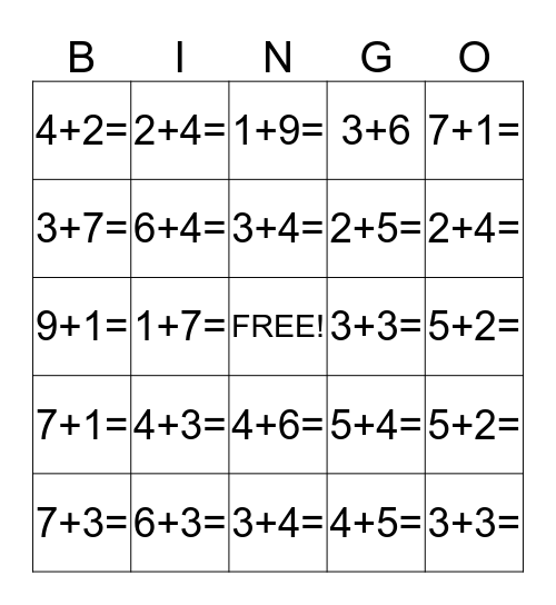 All Addition Facts Strategies Bingo Card
