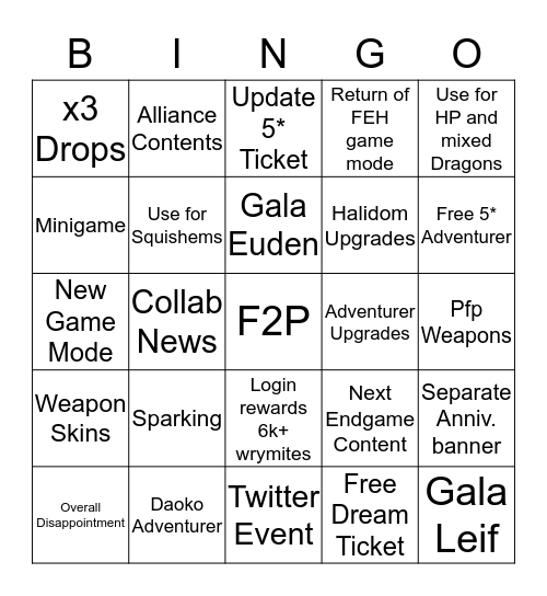 N• Dragalia Digest Bingo Card
