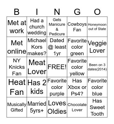 Couples Bingo Card