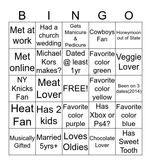 Couples Bingo Card