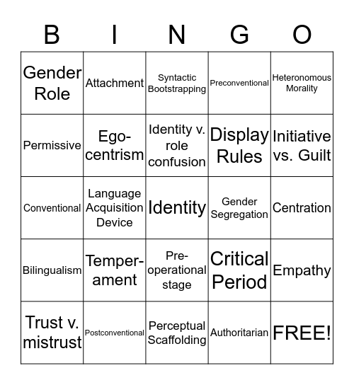 PSY 203 - Developmental Psychology (Turet) - exam 2 Bingo Card