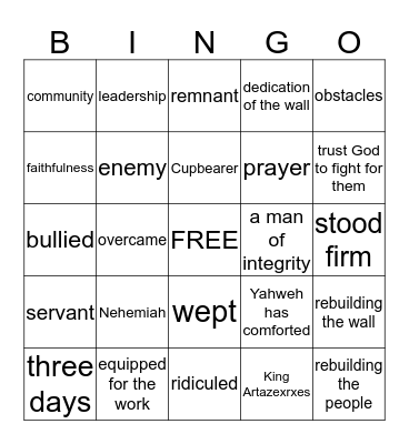 Nehemiah Bingo Card